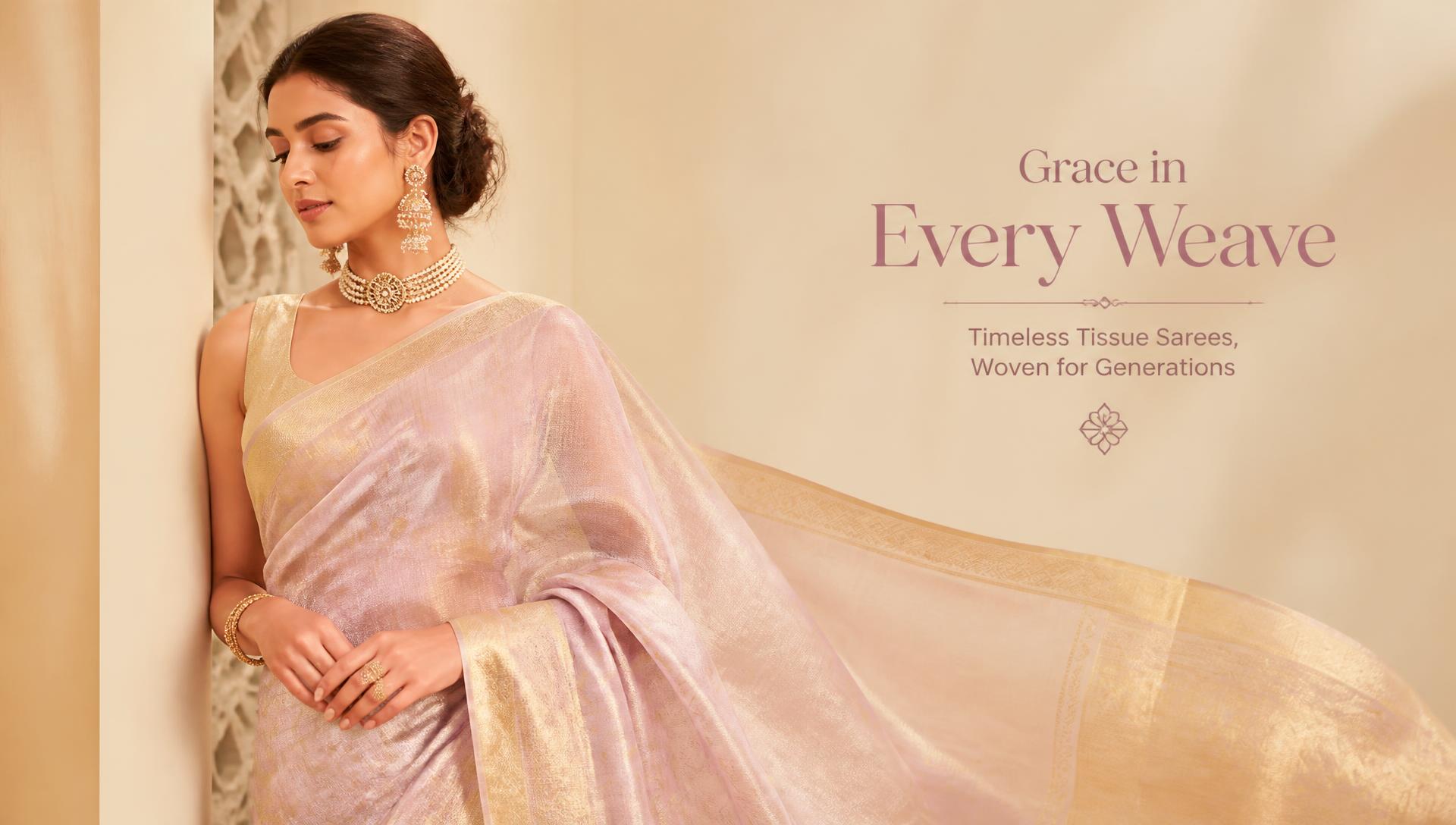 Elegant gold tissue saree from the NRR Clothes collection
