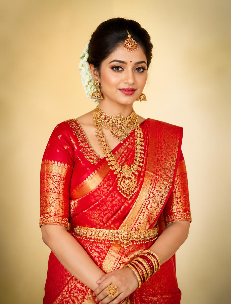 Red bridal silk saree with heavy gold zari work