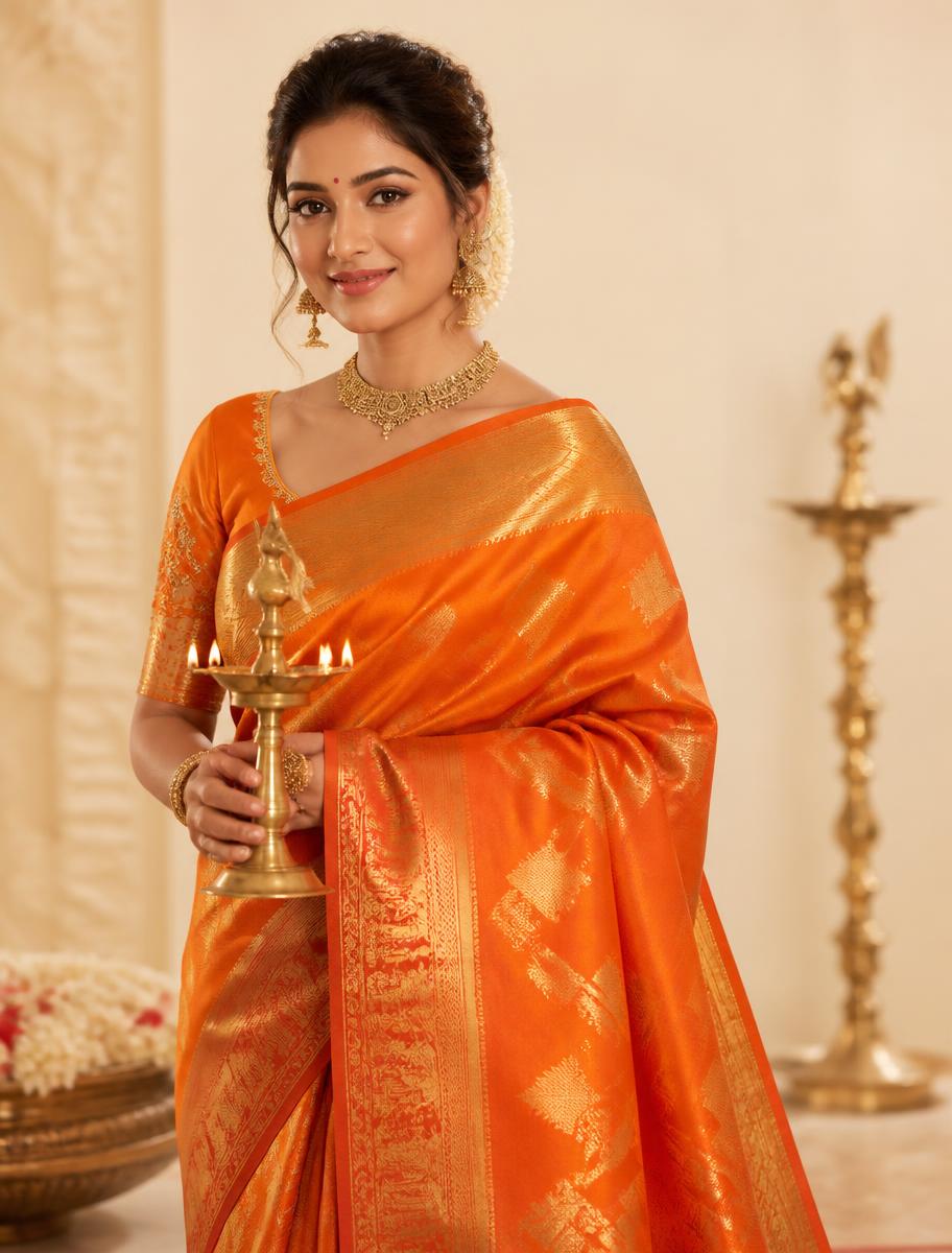 Woman in an orange festive saree holding a lit brass lamp
