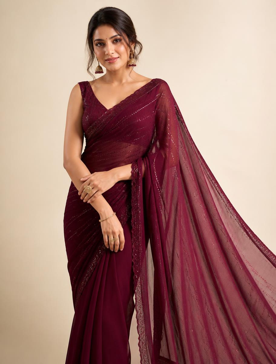 Wine georgette saree with fine sequin work