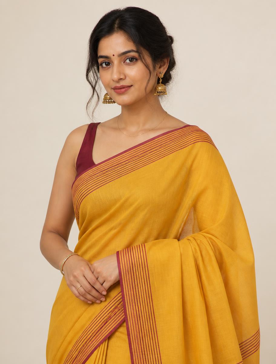 Woman wearing a mustard silk cotton saree with maroon striped border