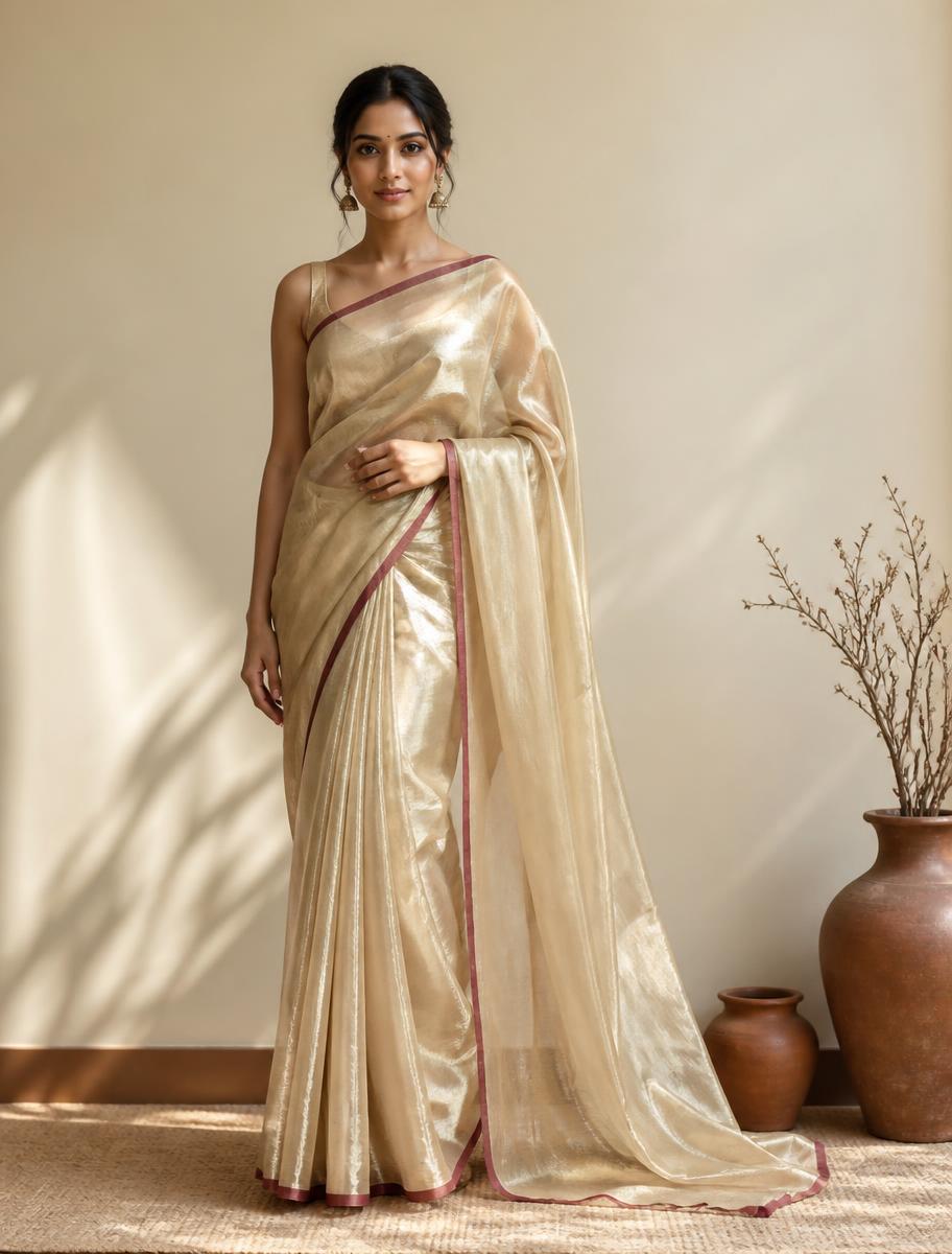 Ivory gold tissue saree with a slim maroon border